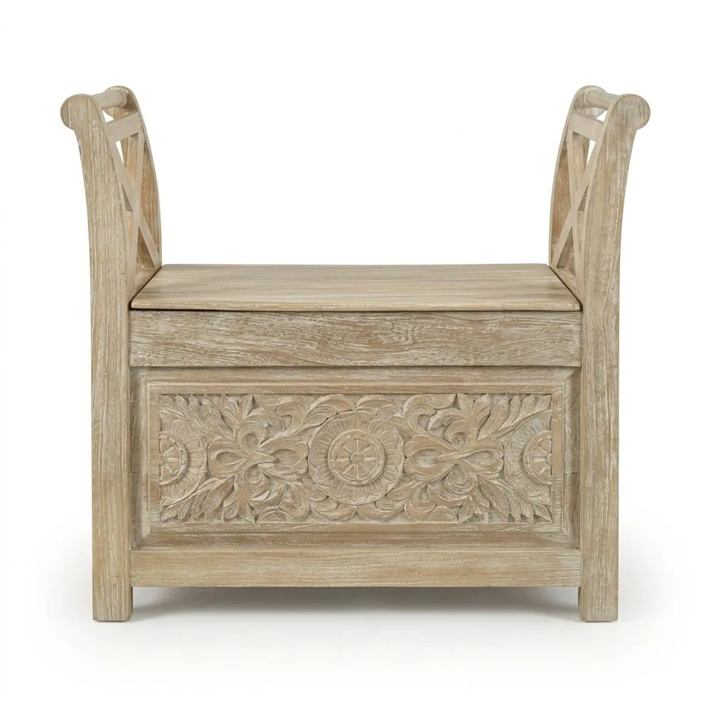 Aufbewahrungsbank aus geschnitzter Eiche.