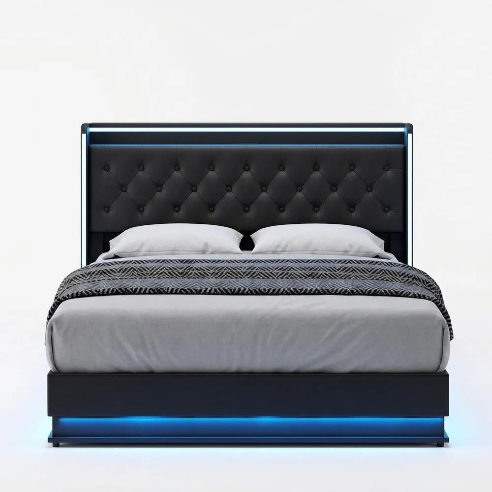 Schwarzes, mit Kunstleder bezogenes Bett mit LED-Beleuchtung