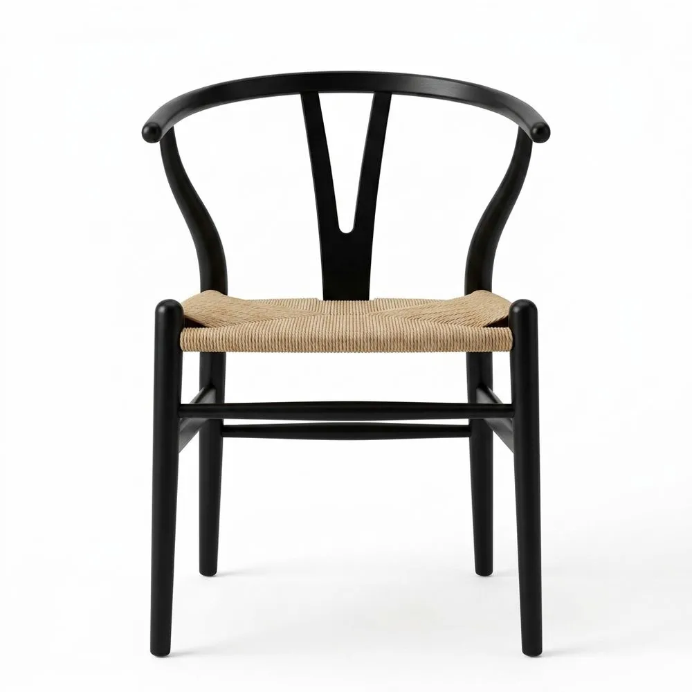 Schwarzer Buchenholzstuhl mit seilgeflochtenem Sitzkissen