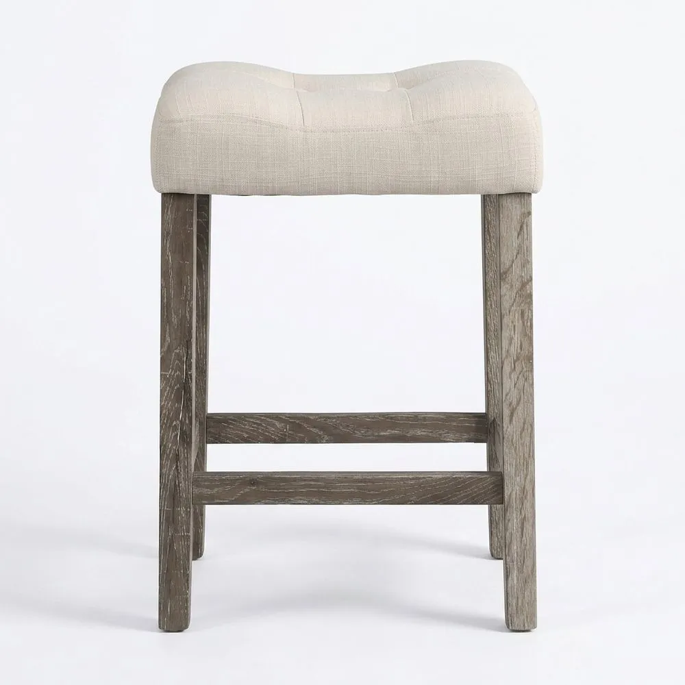 Hocker Leinen Beige Eiche Massivholz 65cm