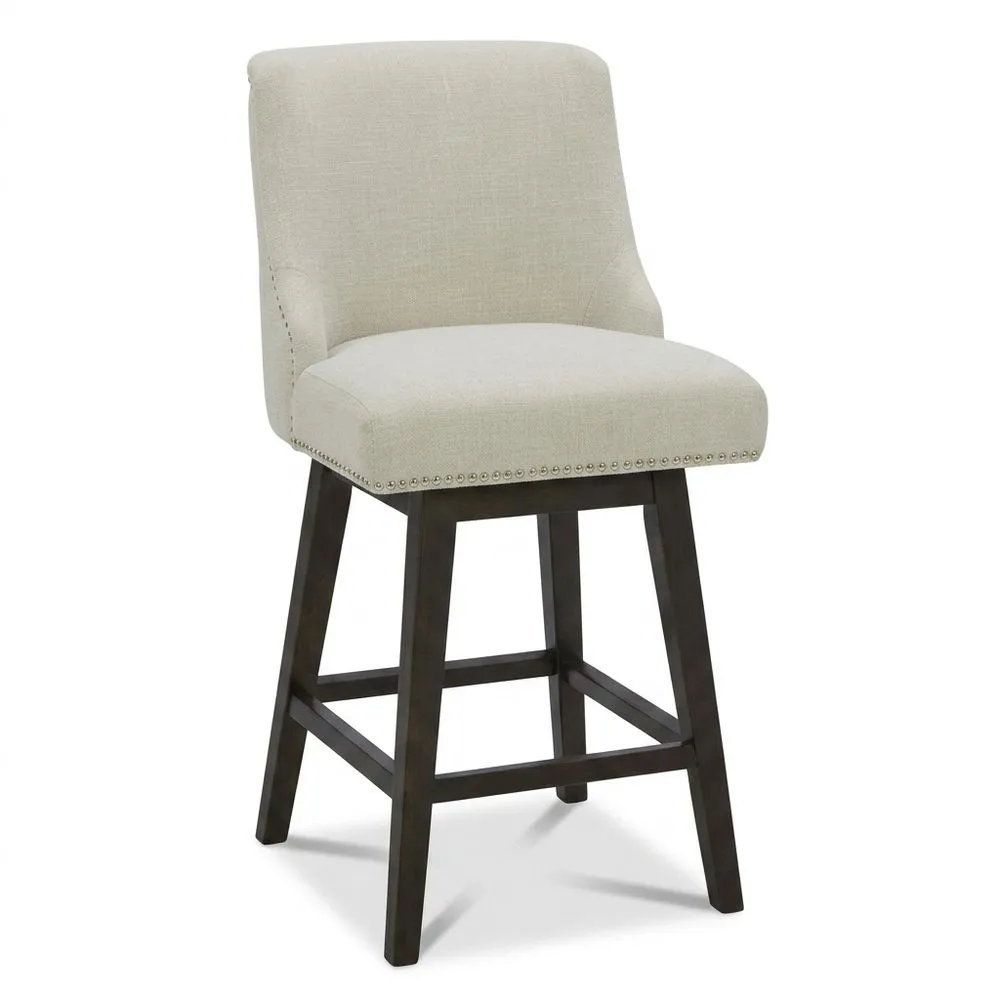 Barhocker mit leinenbezogenen Sitzen und Holzbeinen