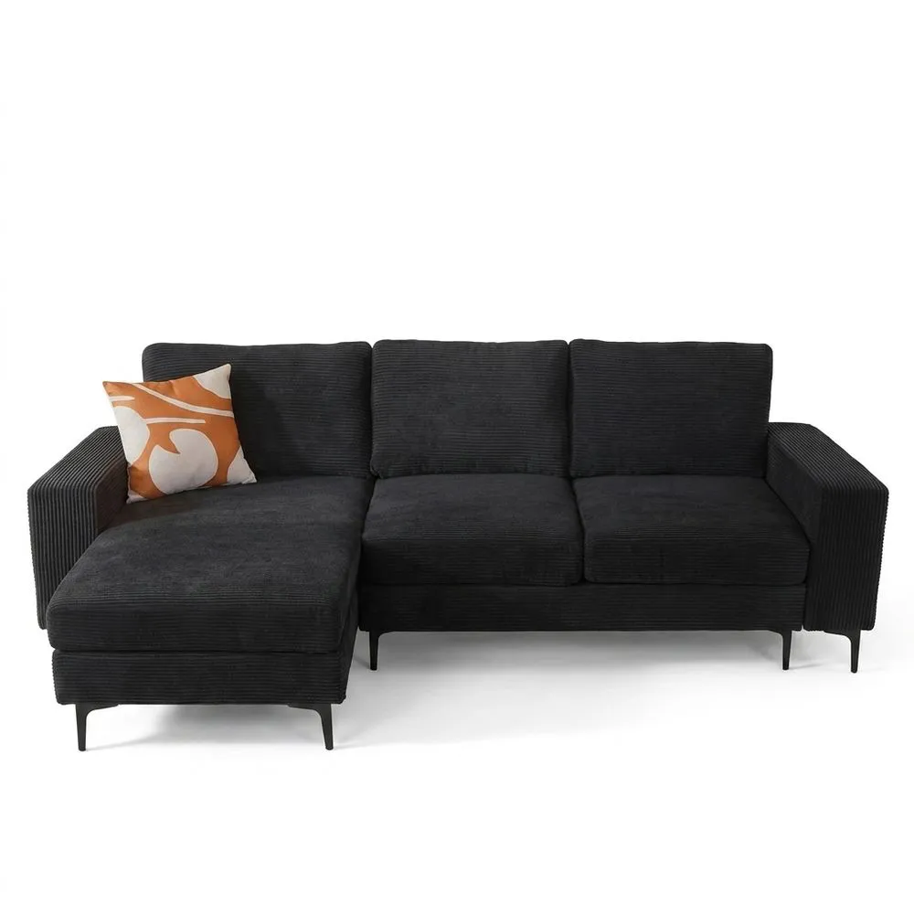 Schwarzes Ecksofa aus Cord mit Kissen