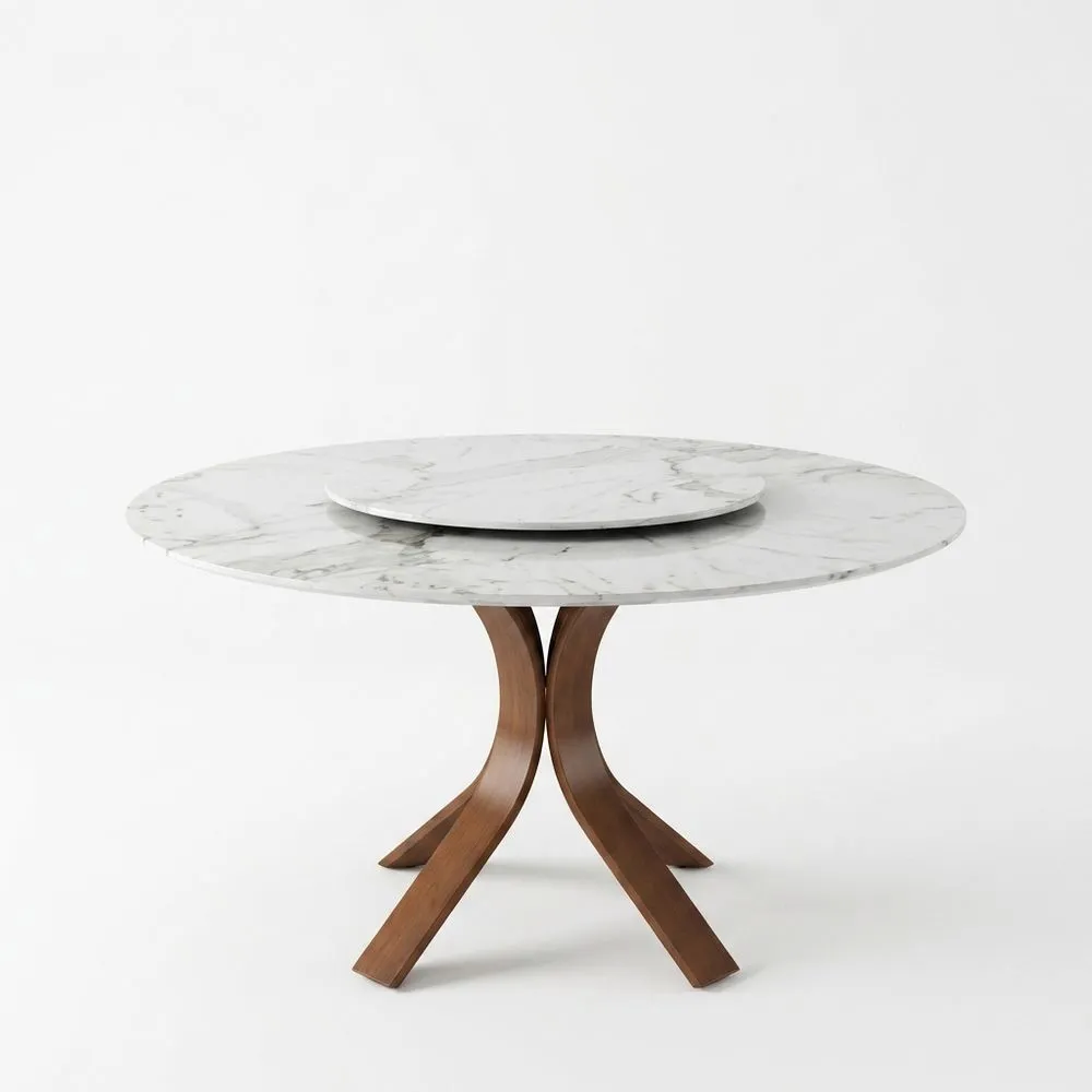 Weißer runder Marmor-Esstisch mit Gestell aus Walnussholz