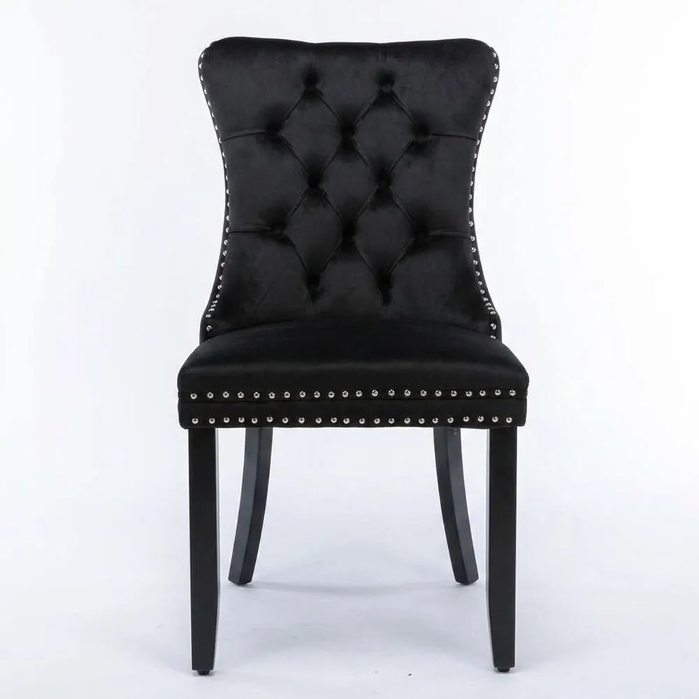 Stuhl aus schwarzem Massivholz und Samt mit Knopfheftung