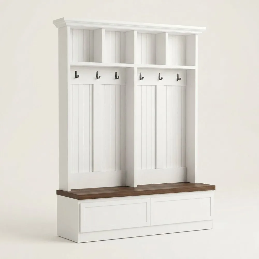 Garderobenbank aus weißem Massivholz mit Haken und Ablagen