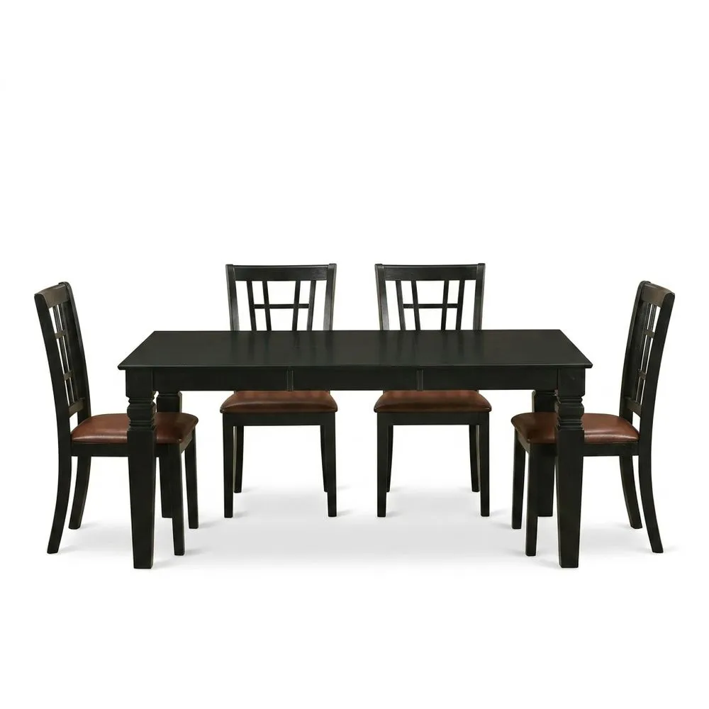 Schwarze Essgruppe aus Massivholz mit Kunstlederstühlen, 5-teilig