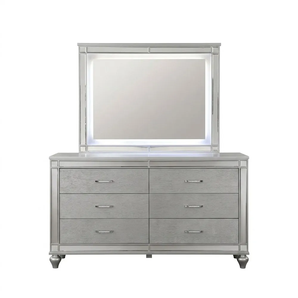 Silberne Kommode mit Spiegel 6 Schubladen MDF und Glas