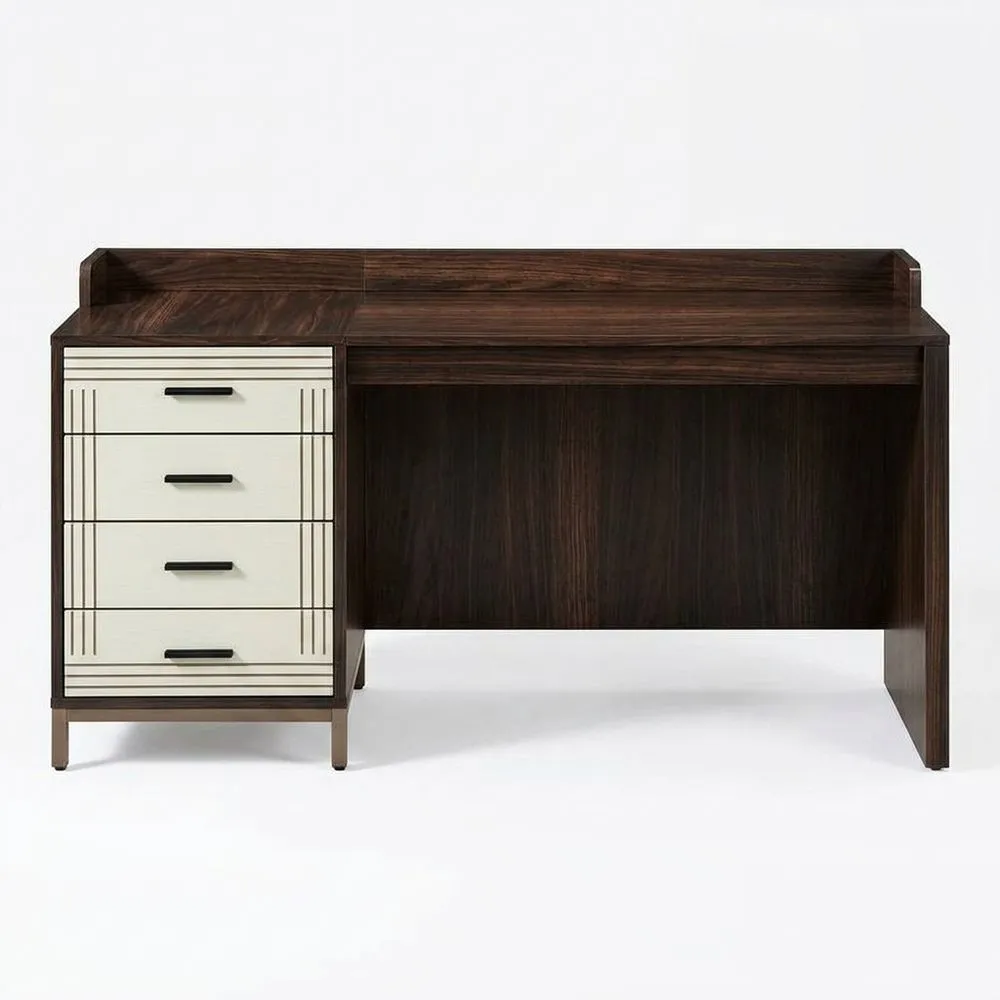 Rechteckiger Schreibtisch aus dunkelbraunem/weißem Walnussholz, Aluminiumlegierung und MDF-Faserplatte mit 4 Schubladen