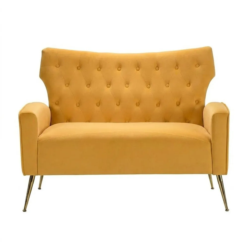 Gelbes Samt-Doppelsofa mit Beinen aus Kohlenstoffstahl