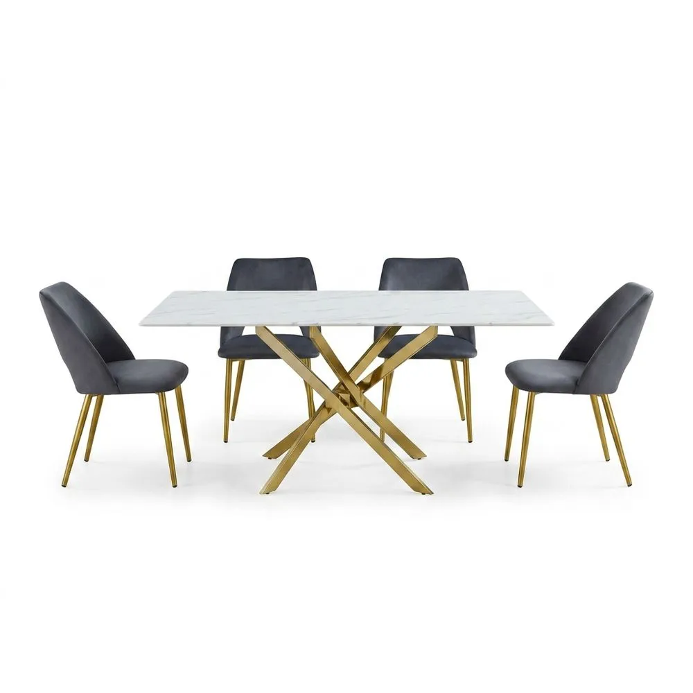 Esszimmer-Set aus grau-goldenem Edelstahl mit Marmormuster, bestehend aus Tisch und Stühlen
