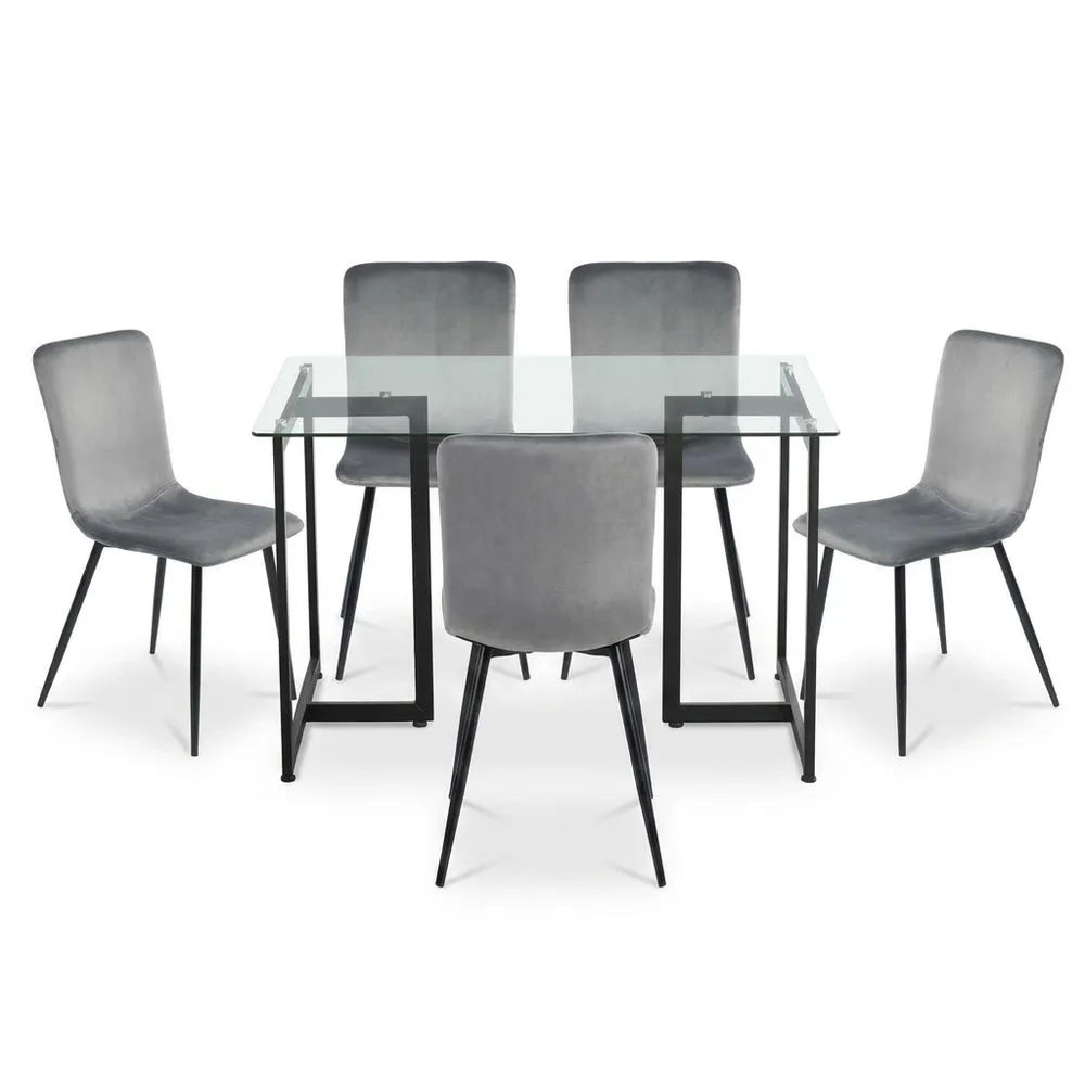 Essgruppe mit Tisch aus gehärtetem Glas und 4 Samtstühlen Grau