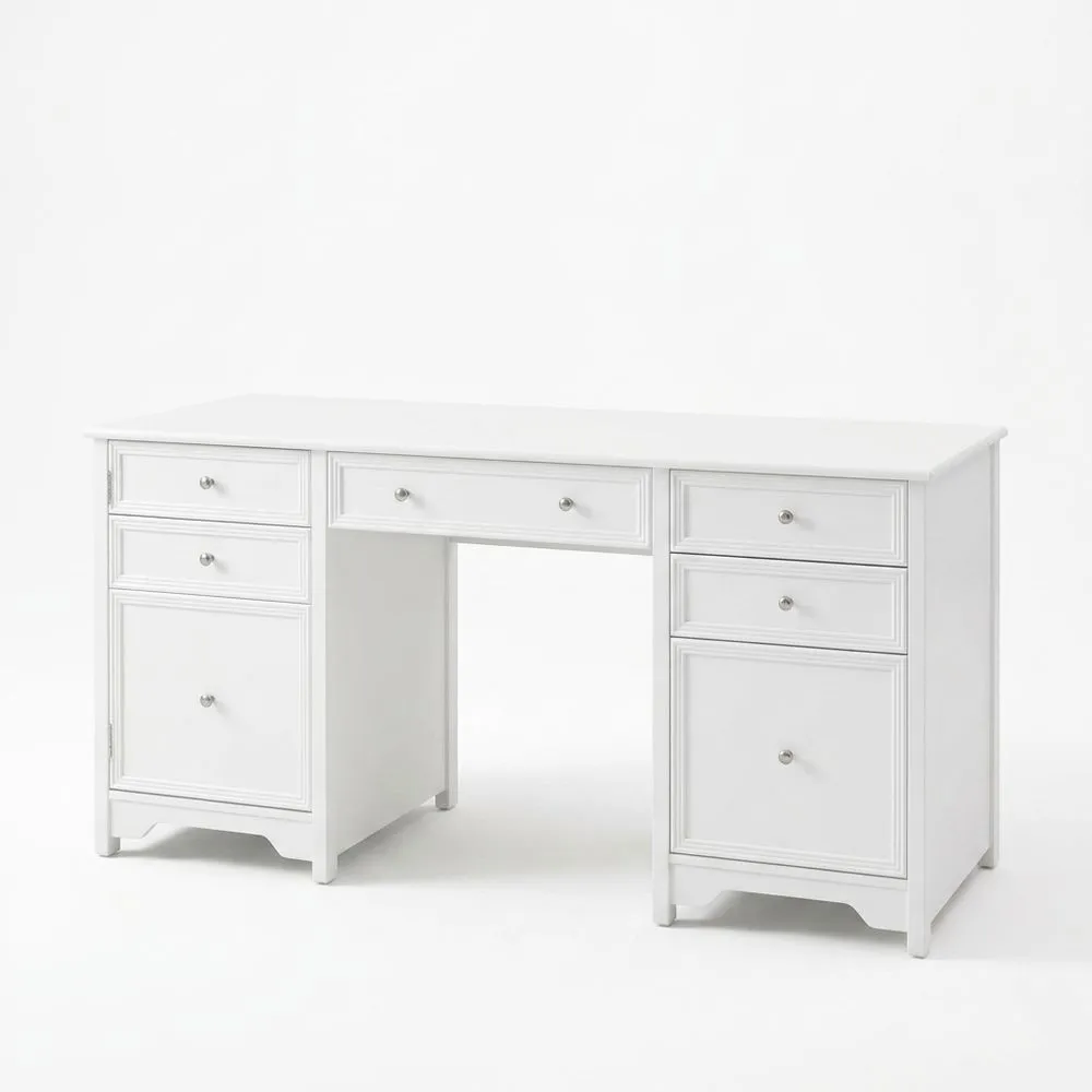 Schreibtisch aus weißer Eiche mit sieben Schubladen