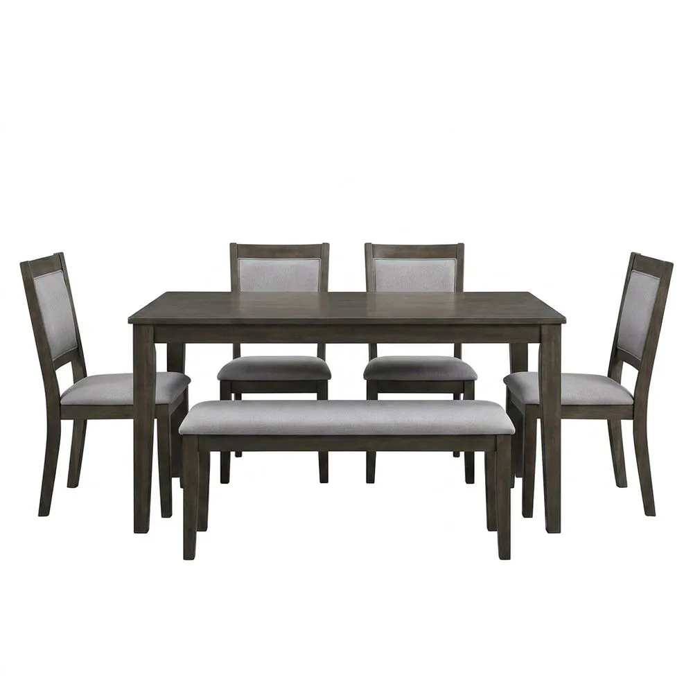 Sechsteiliges Esszimmer-Set aus dunkelbraunem Massivholz, bestehend aus Tisch und Stühlen