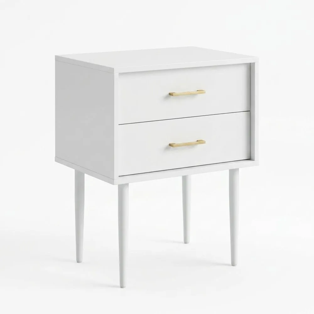Weißer Nachttisch aus Faserplatte mit zwei Schubladen und Messinggriffen.