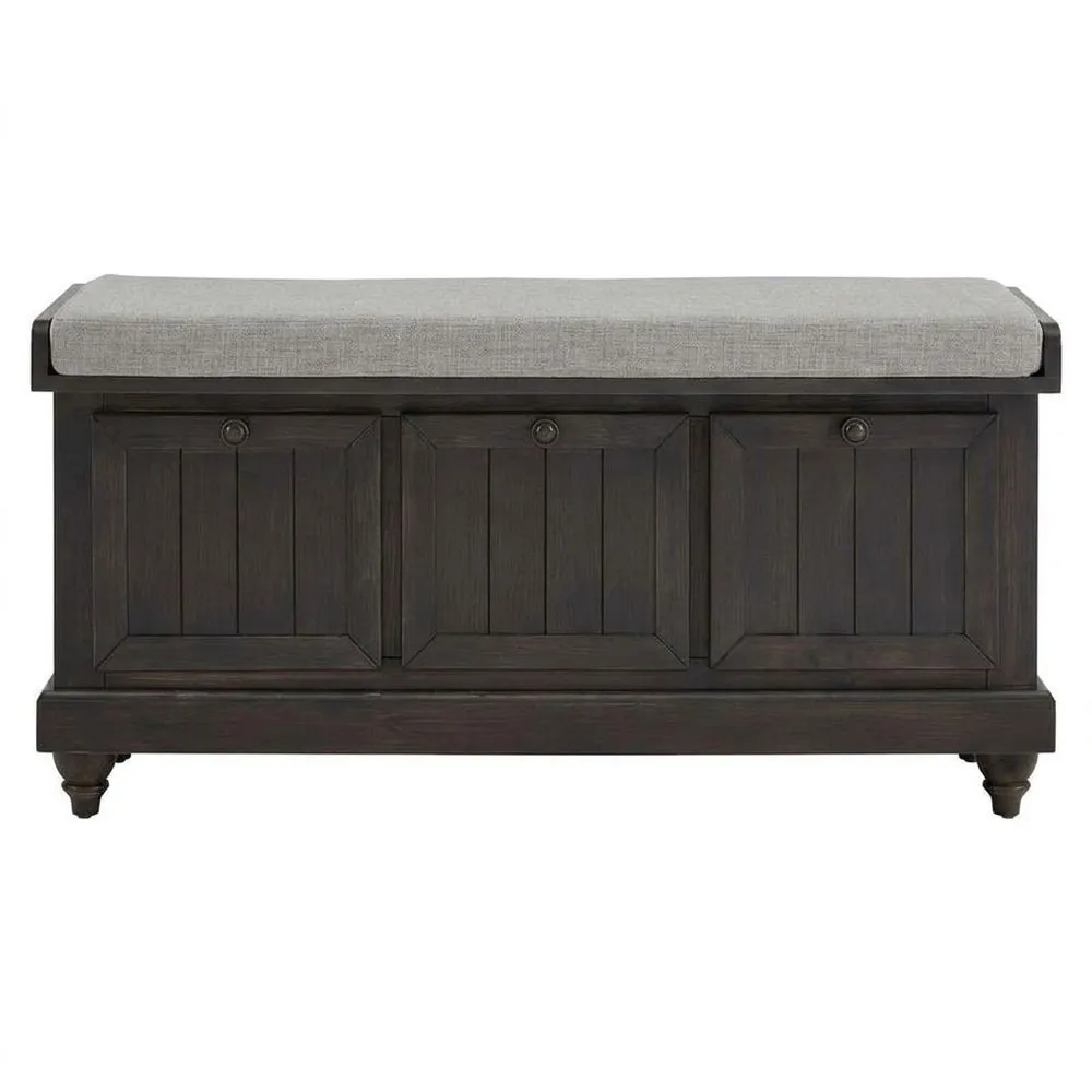 Dunkelbrauner/grauer Hocker aus Massivholz mit Stauraum