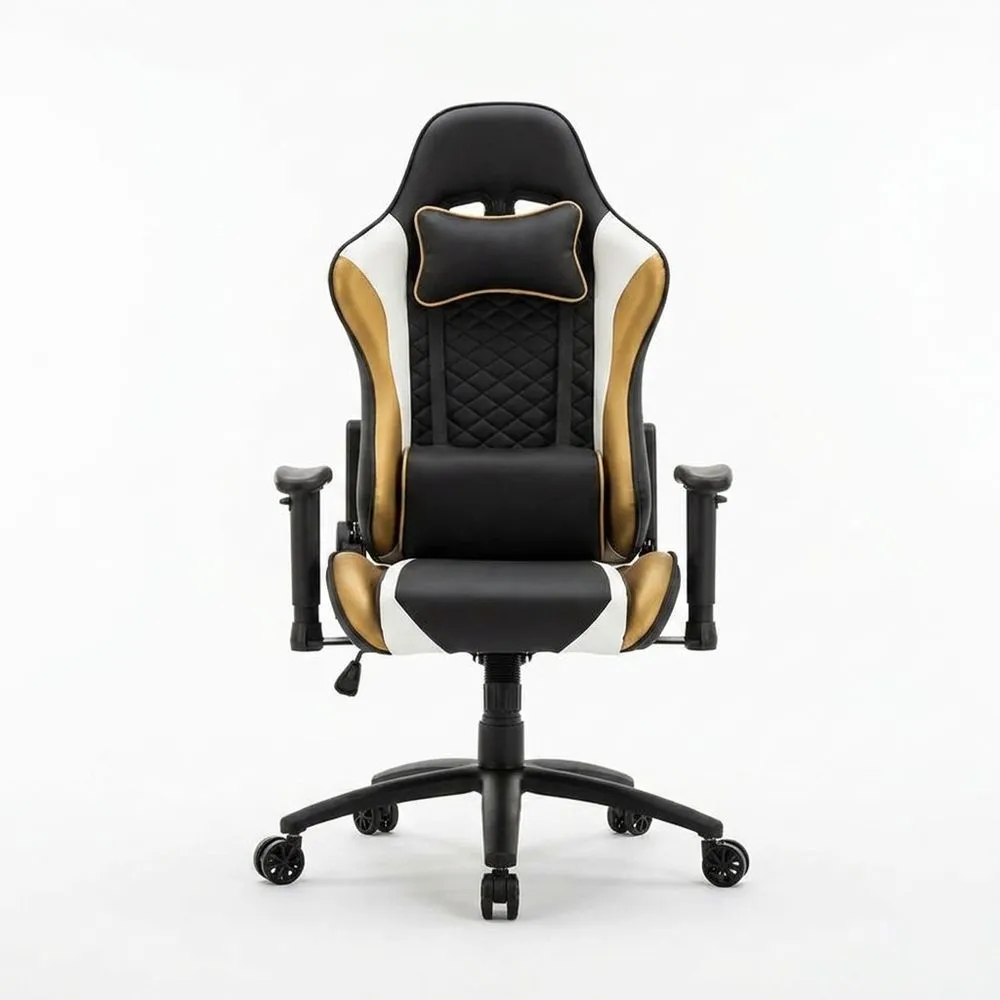 Gaming Stuhl aus Kunstleder Schwarz/Gold/Weiß mit Verstellbarer Höhe