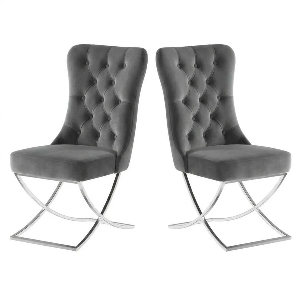 Graues 2-teiliges Samtstuhlset mit Edelstahlgestell