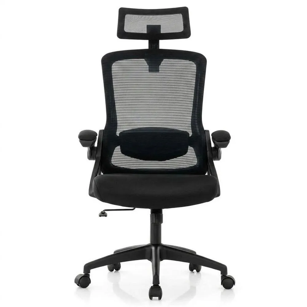 Ergonomischer Netzstoff-Bürostuhl Schwarz mit Kopfstütze und Lendenstütze