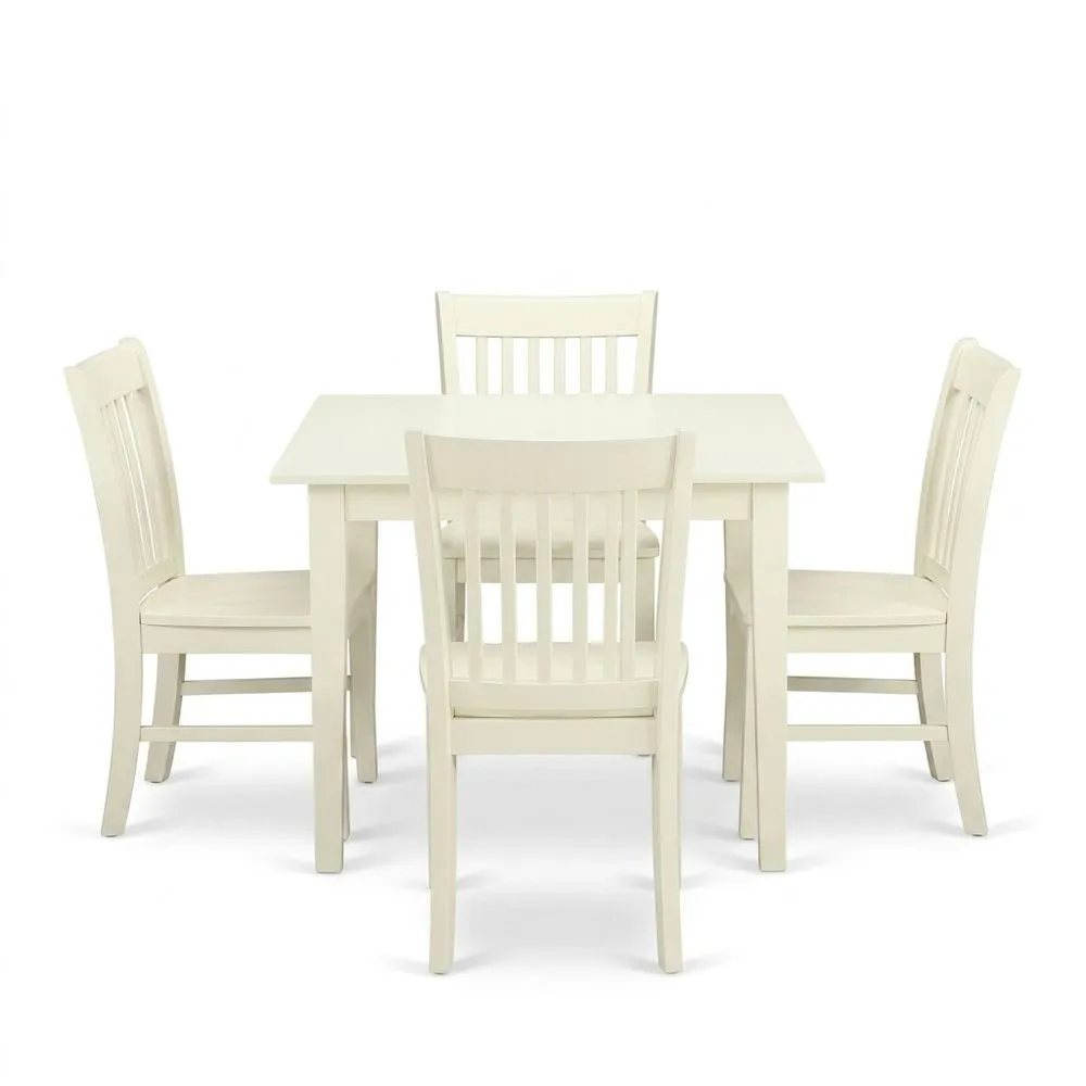 Weißes Esszimmer-Set aus Massivholz mit Tisch und Stühlen, bestehend aus 4 Stühlen.