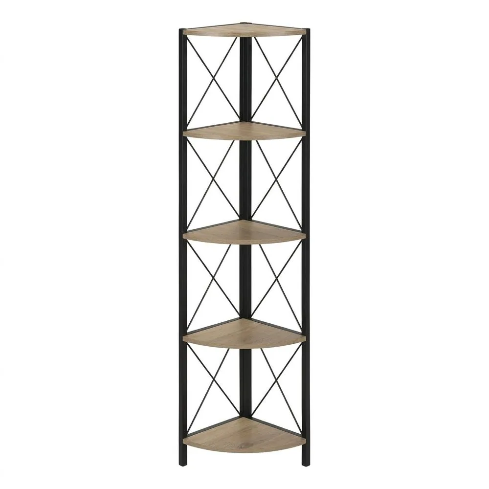 Eckregal aus Eiche mit schwarzem Stahlrahmen