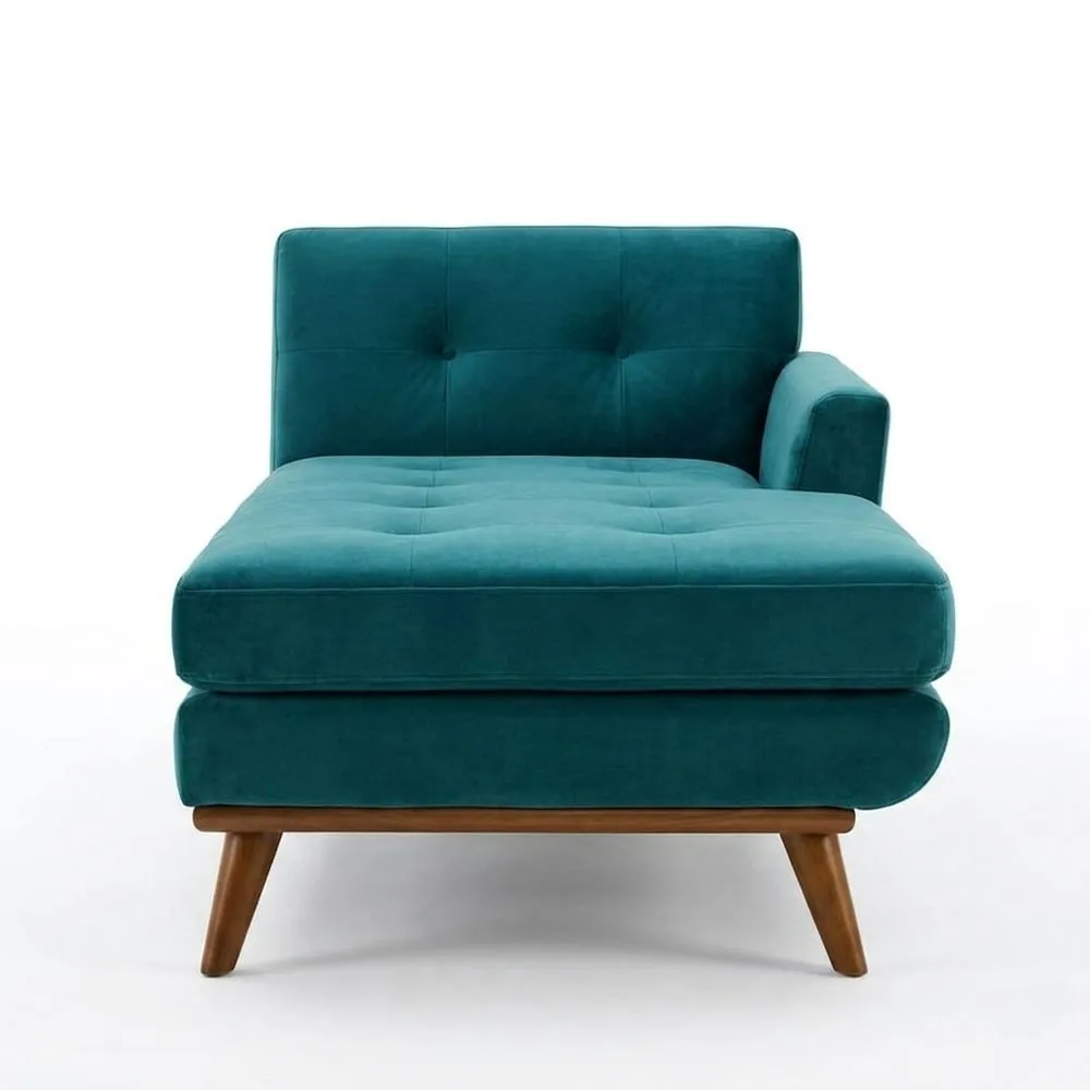 Chaiselongue mit türkisblauem Samtbezug, rechter Armlehne und Massivholzbeinen