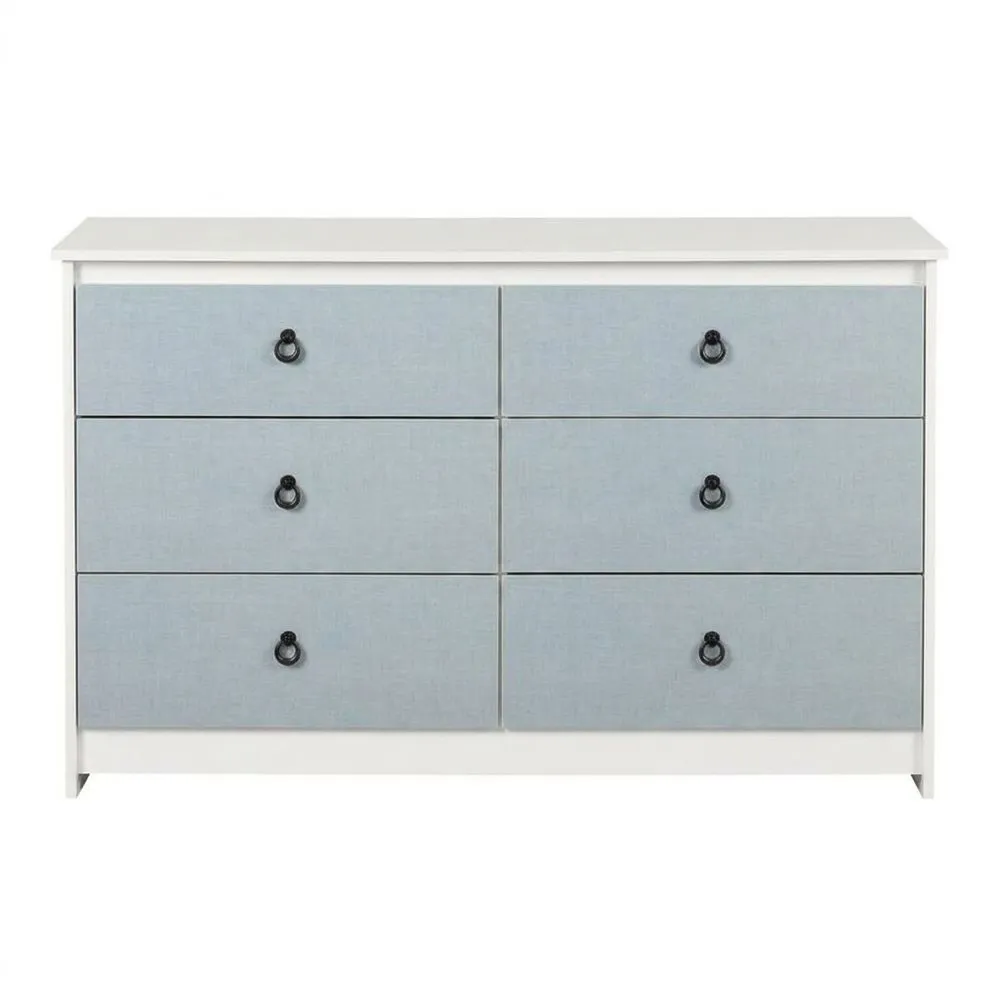 Schminktisch aus MDF mit 6 Schubladen, bezogen mit weißem und hellgrauem Baumwollstoff.