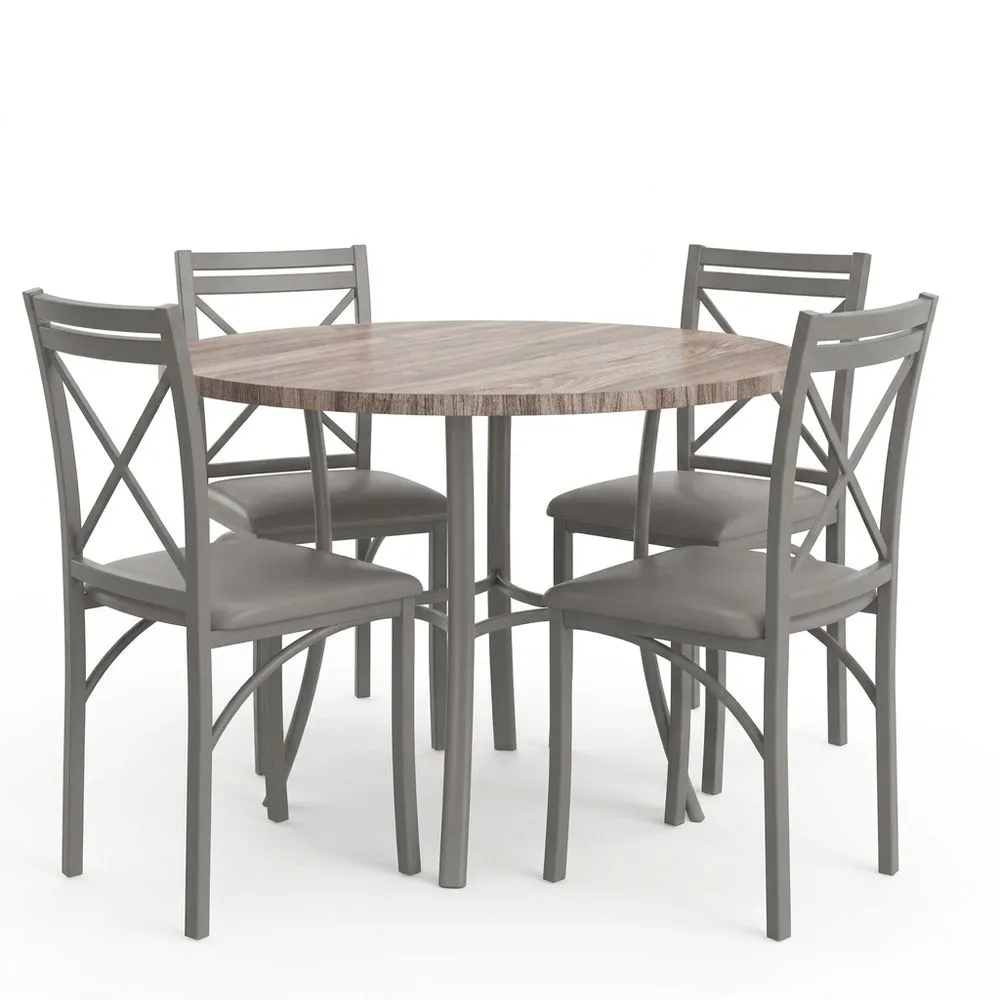 Runder Esstisch aus Eichenfurnier und graues Stuhlset aus Aluminiumlegierung