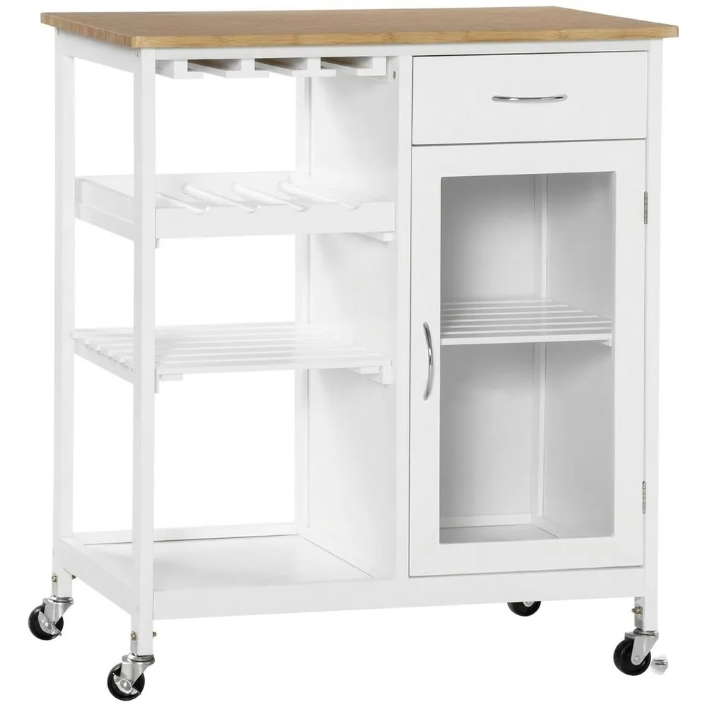 Weißer Küchenwagen aus Massivholz mit Schubladen, Ablagen und Rollen.