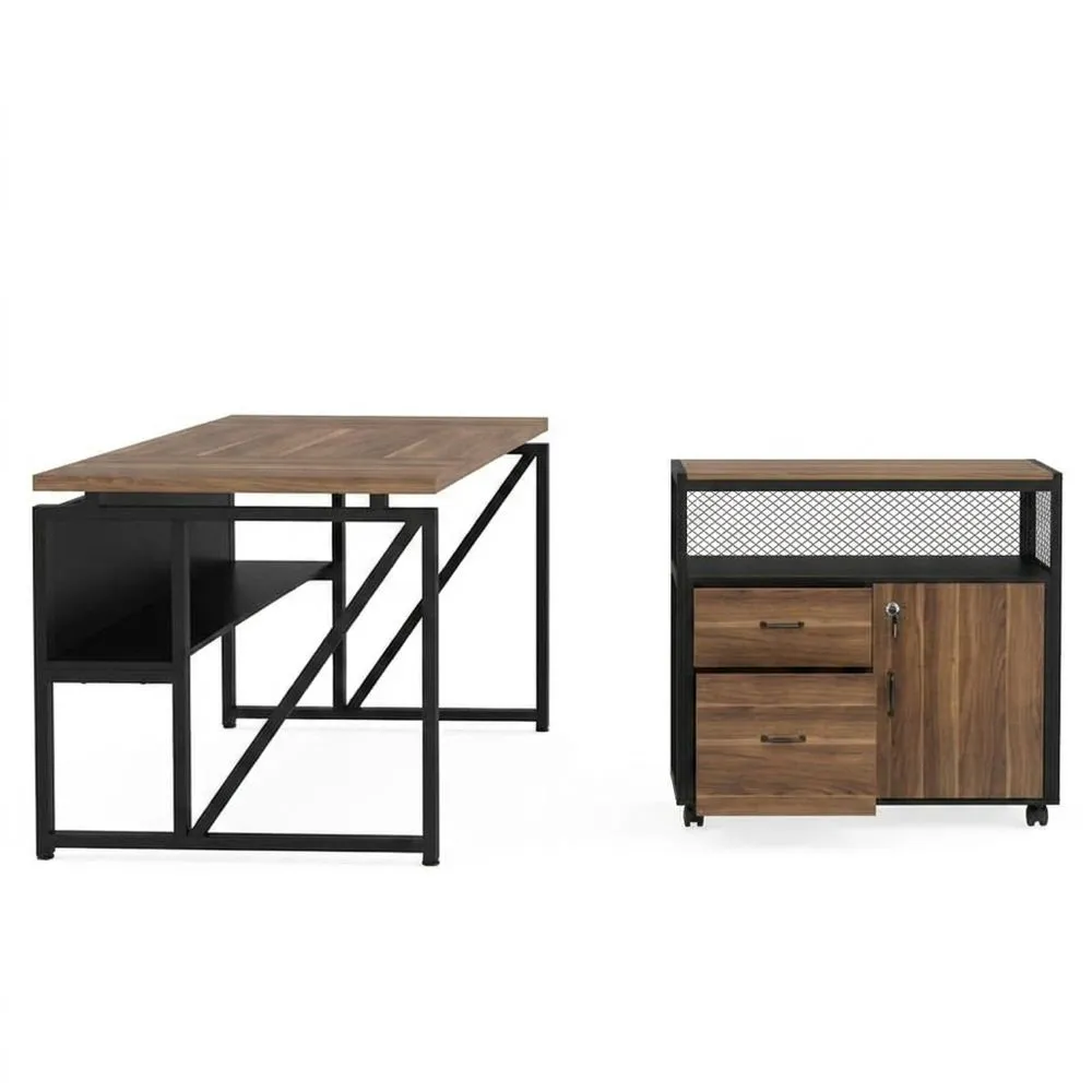 Schreibtischset aus Eichenspanplatte in L-Form mit Schubladen