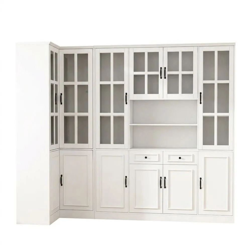 Eckschrank aus weißem Massivholz mit Glastüren