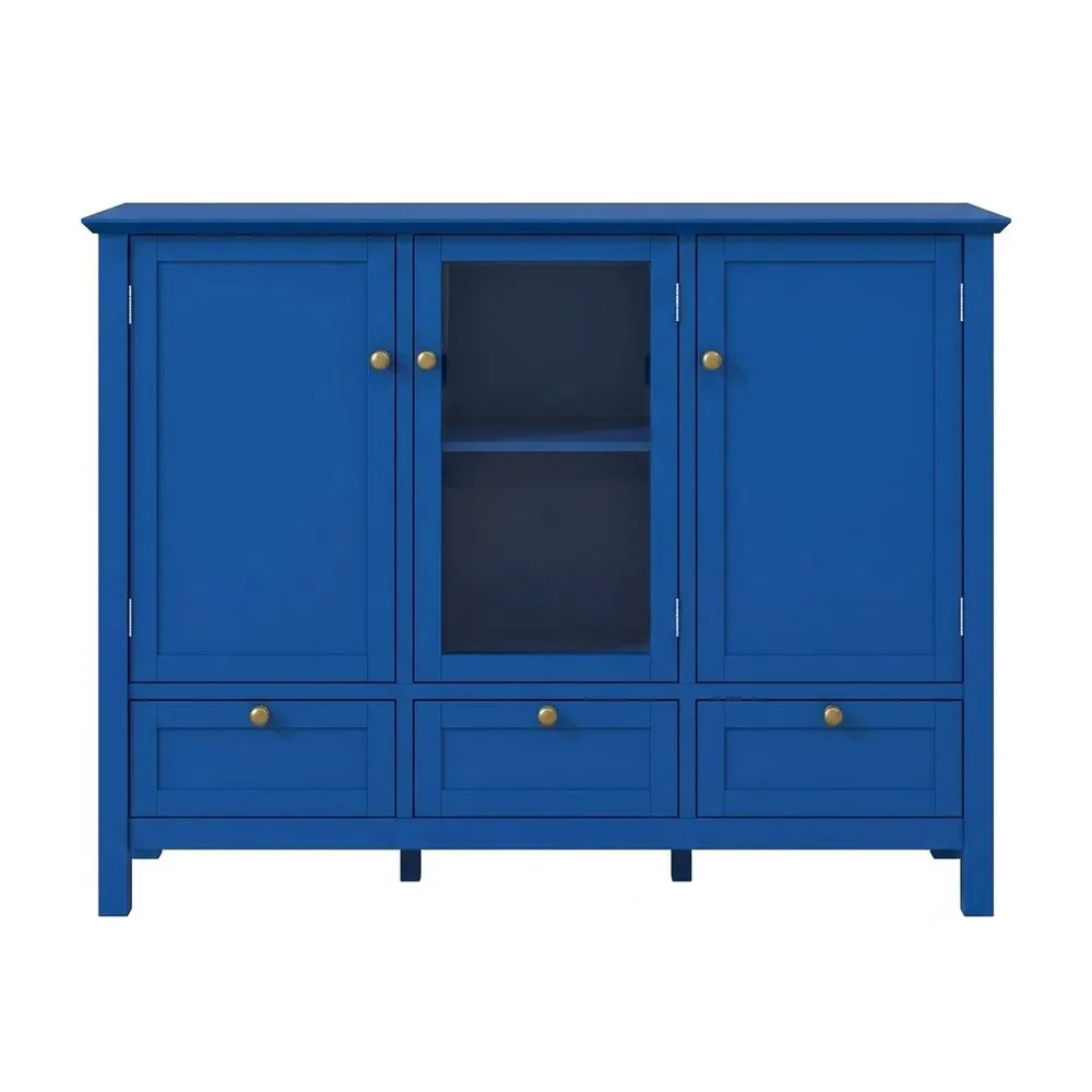 Beistellschrank aus blauem Massivholz mit Glastür und drei Schubladen