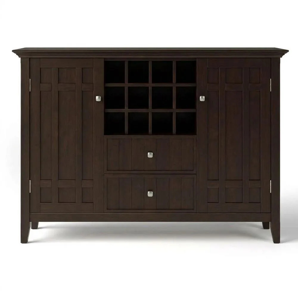 Dunkelbraunes Sideboard aus Massivholz mit Weinregal und Schubladen