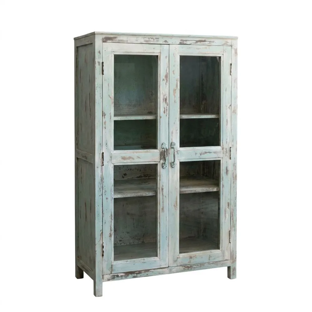 Hellblauer Vitrinenschrank aus Massivholz und Glas im Retro-Stil
