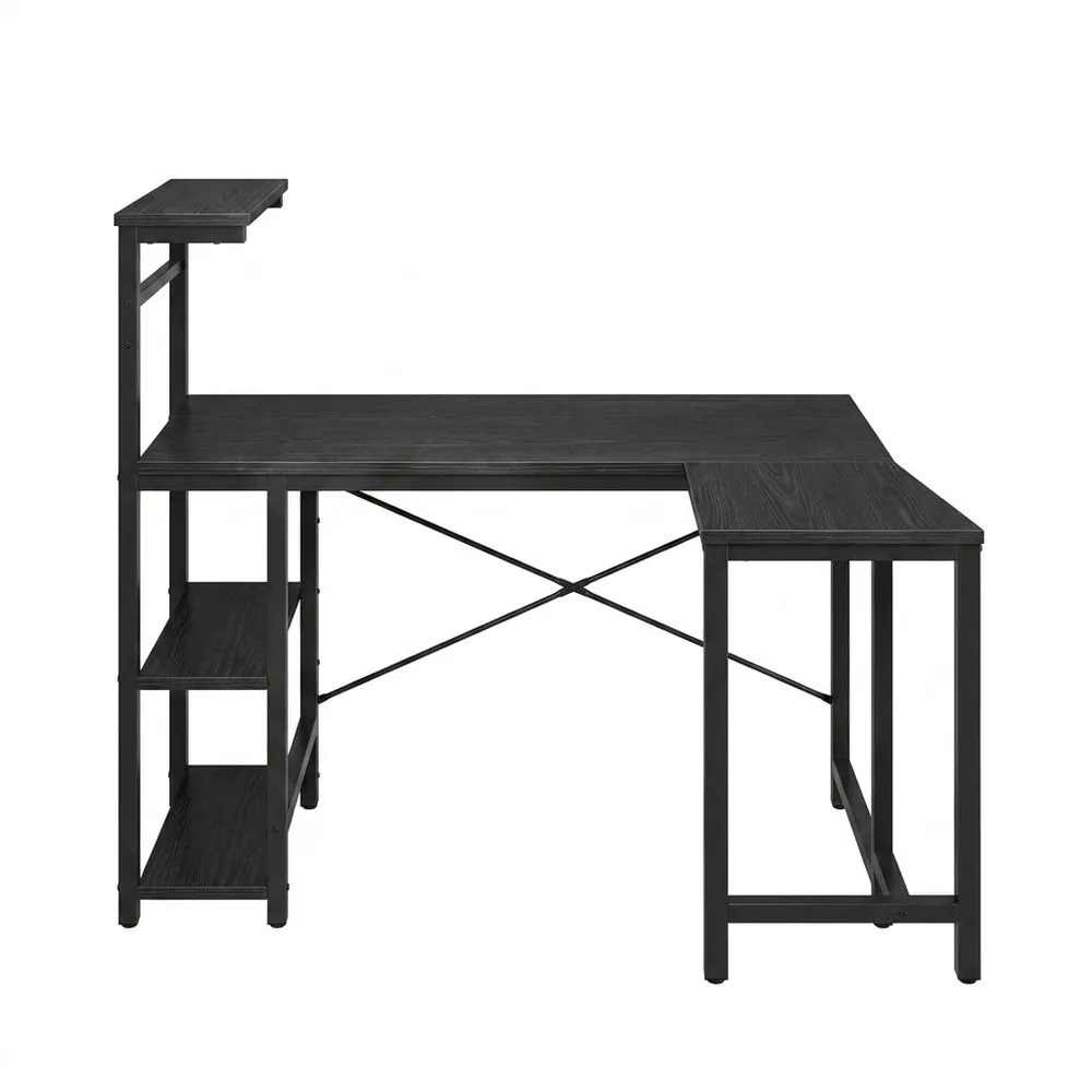 Eckschreibtisch aus Eichenspanplatte und schwarzem Stahl in L-Form