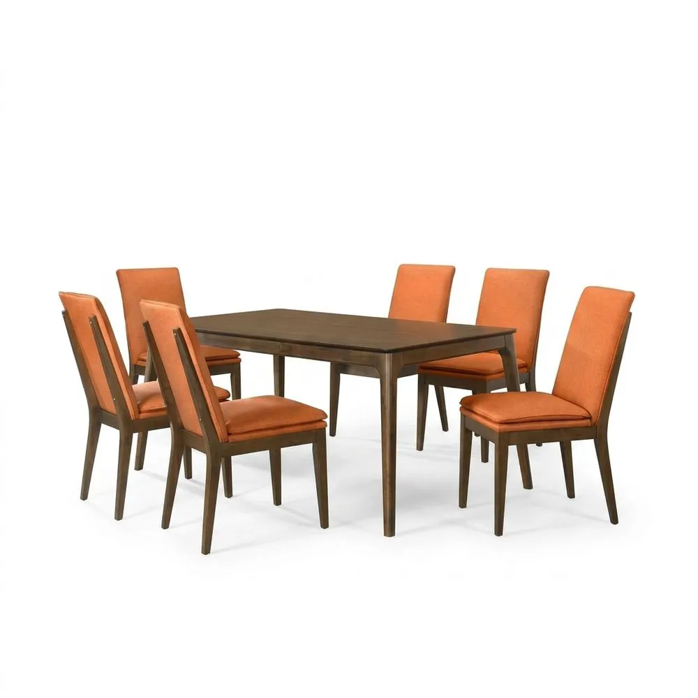 Essgruppe aus braun-orangefarbenem Massivholz und Polyestergewebe, bestehend aus einem Tisch und 6 Stühlen