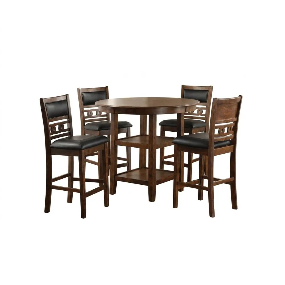 Rundes, braunes Esszimmer-Set aus Massivholz und Kunstleder mit Tisch und Stühlen