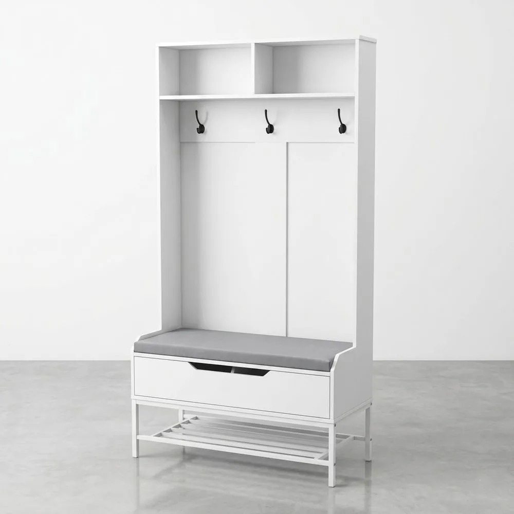 Garderobenständer aus weißer MDF-/Aluminiumlegierung mit Sitzgelegenheit und Aufbewahrungsschrank