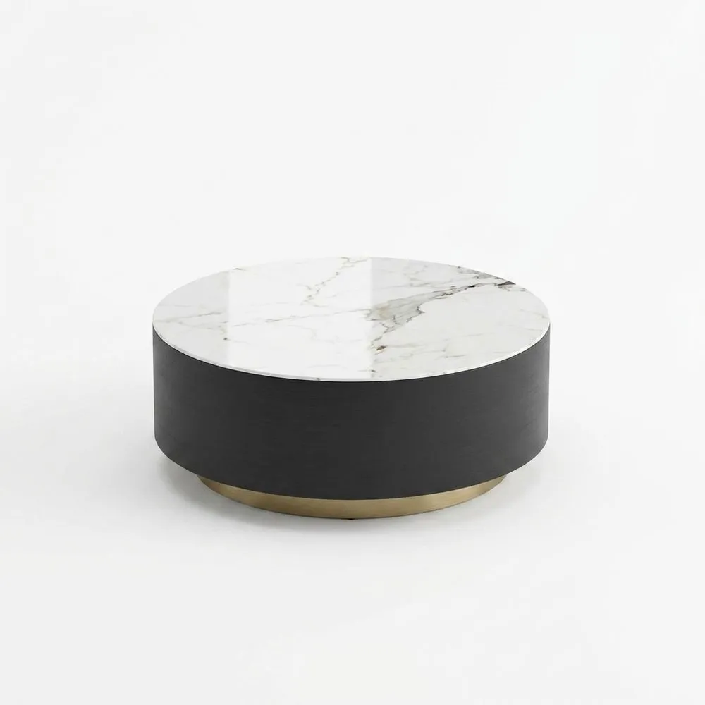 Runder Couchtisch aus Marmor, Eiche und Messing