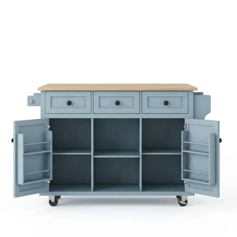 Küchenwagen aus blauer Kiefer mit Rollen und Stauraum