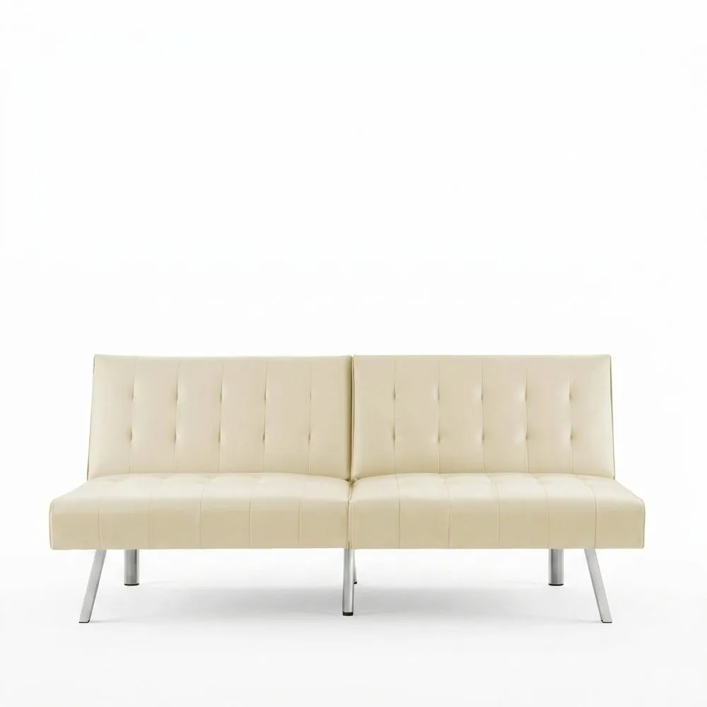Beiges Klappsofa mit Schlaffunktion, Bezug aus PU-Leder und Gestell aus Kohlenstoffstahl
