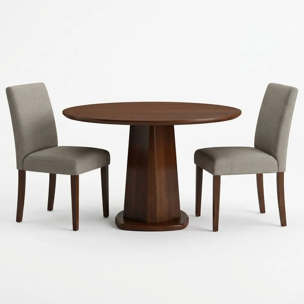 Runder Esstisch aus Walnussholz mit zwei grauen Polyesterstühlen