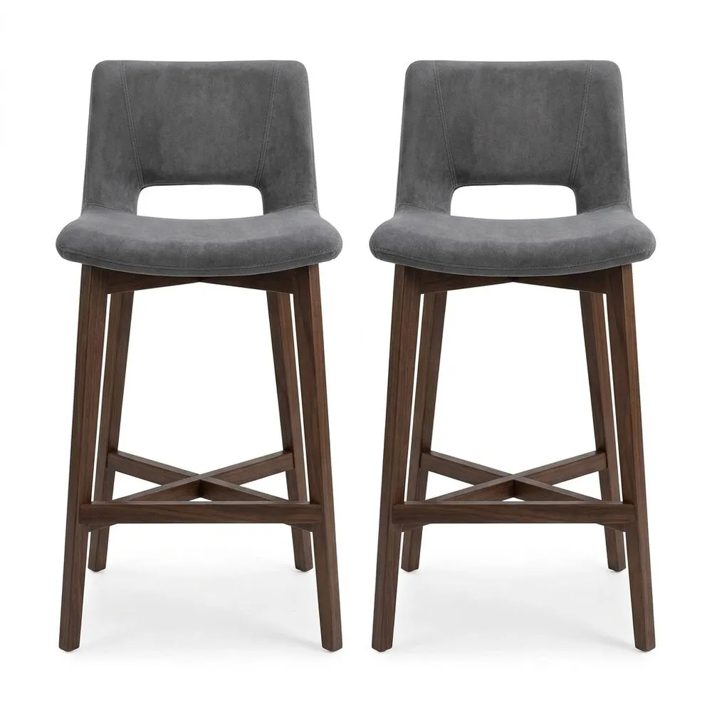 2er-Set Barhocker aus dunkelgrauer Mikrofaser und dunkelbraunem Massivholz