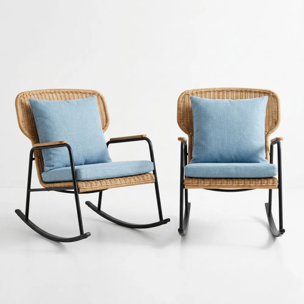 Rattan-Schaukelstuhl-Set mit blauen Kissen-Lofthavench