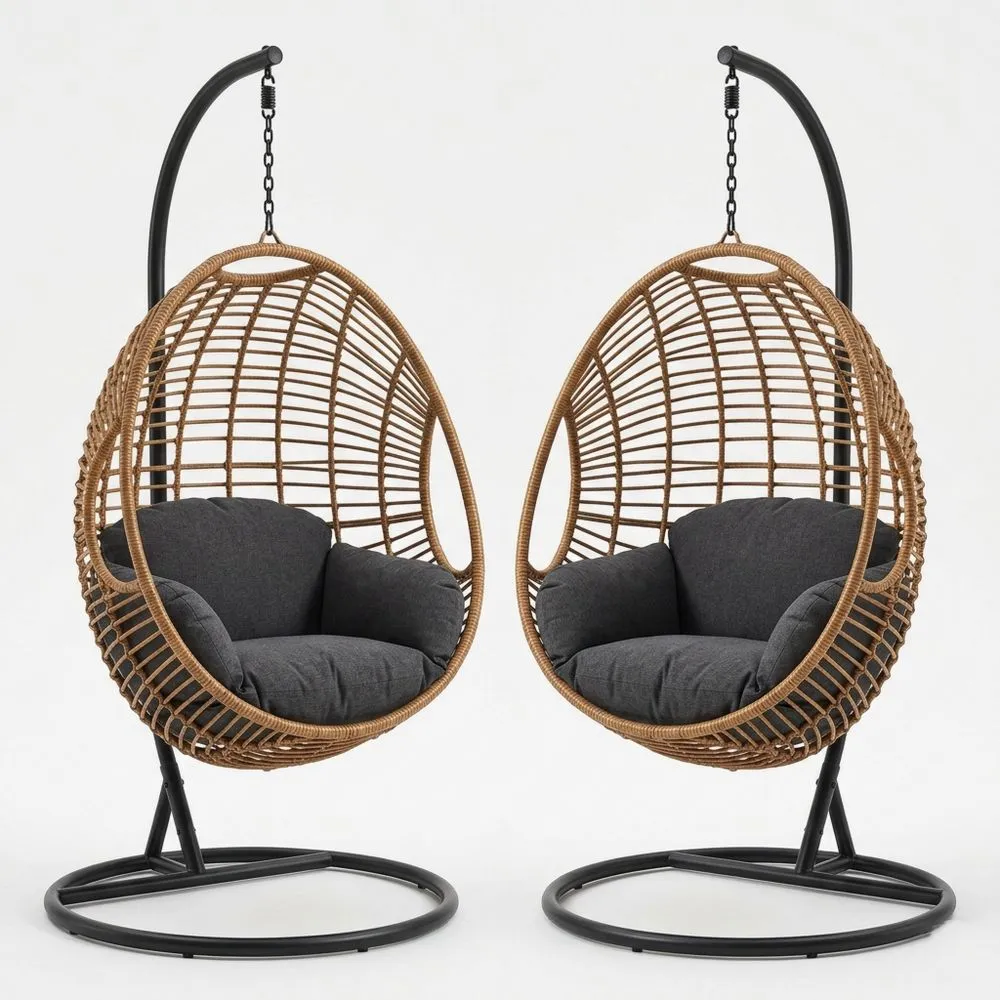Set aus Rattan-Hängesesseln mit Stahlgestell, Braun/Schwarz-Lofthavench
