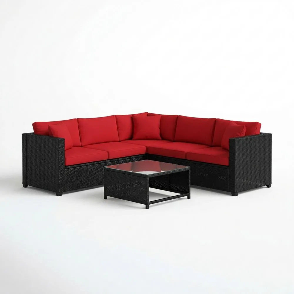 Ecksofa-Set aus Polyrattan Schwarz Rot mit Glastisch-Lofthavench