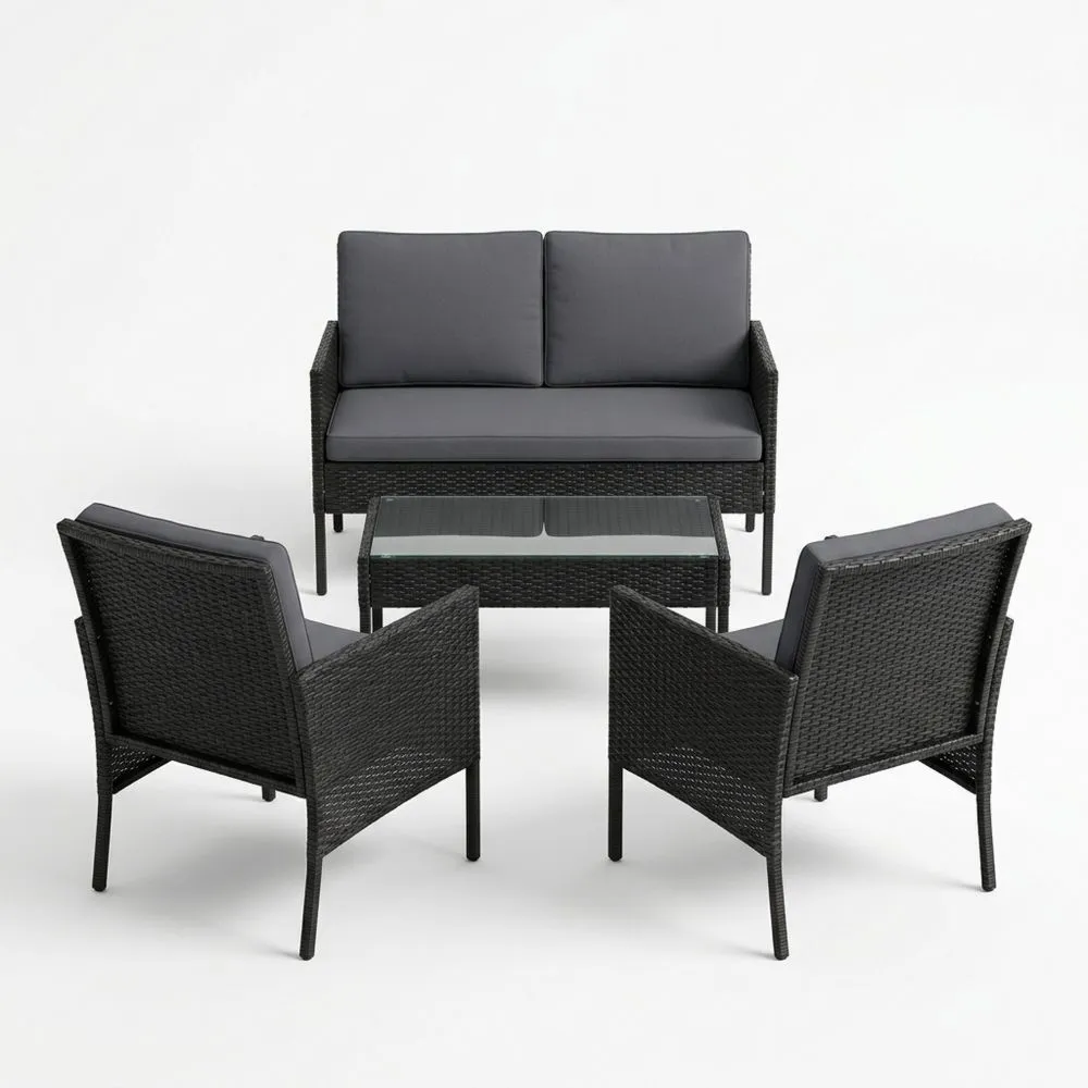Gartenmöbel Set Polyrattan Anthrazit mit 2er-Sofa, 2 Sesseln und Glastisch-Lofthavench