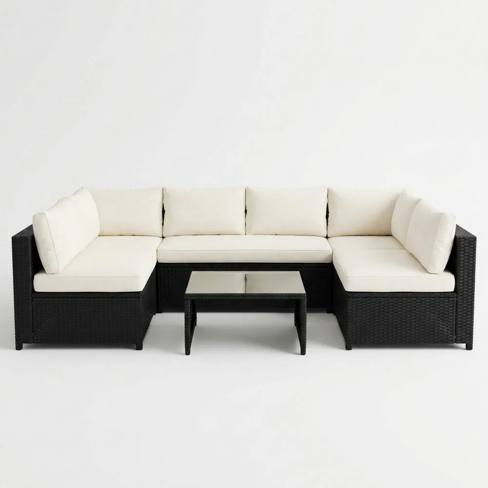 Outdoor Rattan Gartensofa Set mit Kissen und Glastisch Schwarz Beige-Lofthavench