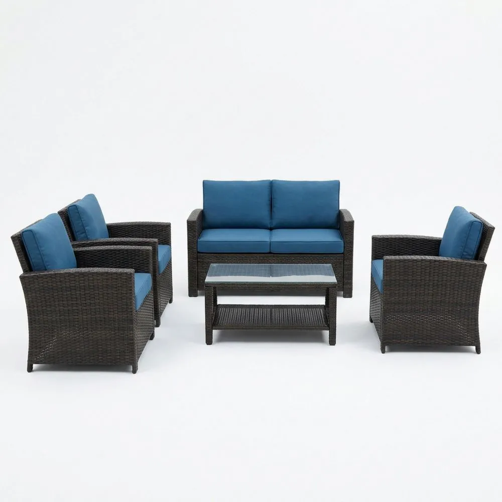 Rattan-Gartenmöbel-Set Stahlrahmen PE-Rattan mit Blauen Kissen und Glastisch-Lofthavench