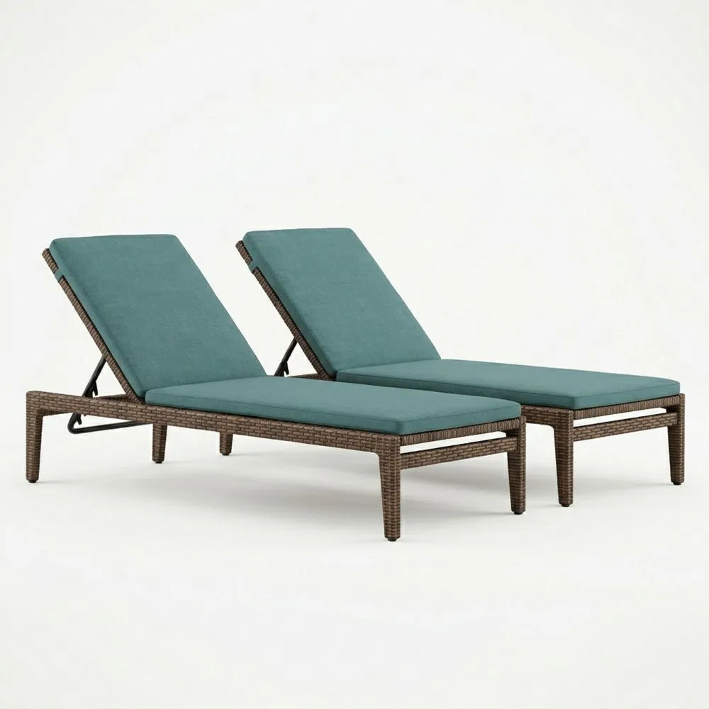 Rattan Sonnenliegen Set mit Verstellbarer Rückenlehne und Polyesterkissen Blau-Lofthavench