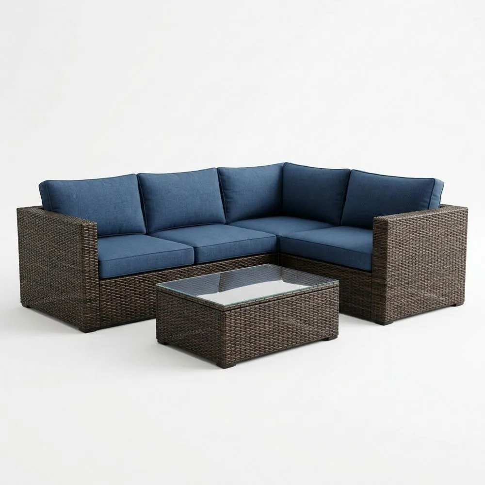 Divano Angolare in Rattan Sintetico Blu con Tavolino in Vetro Temperato